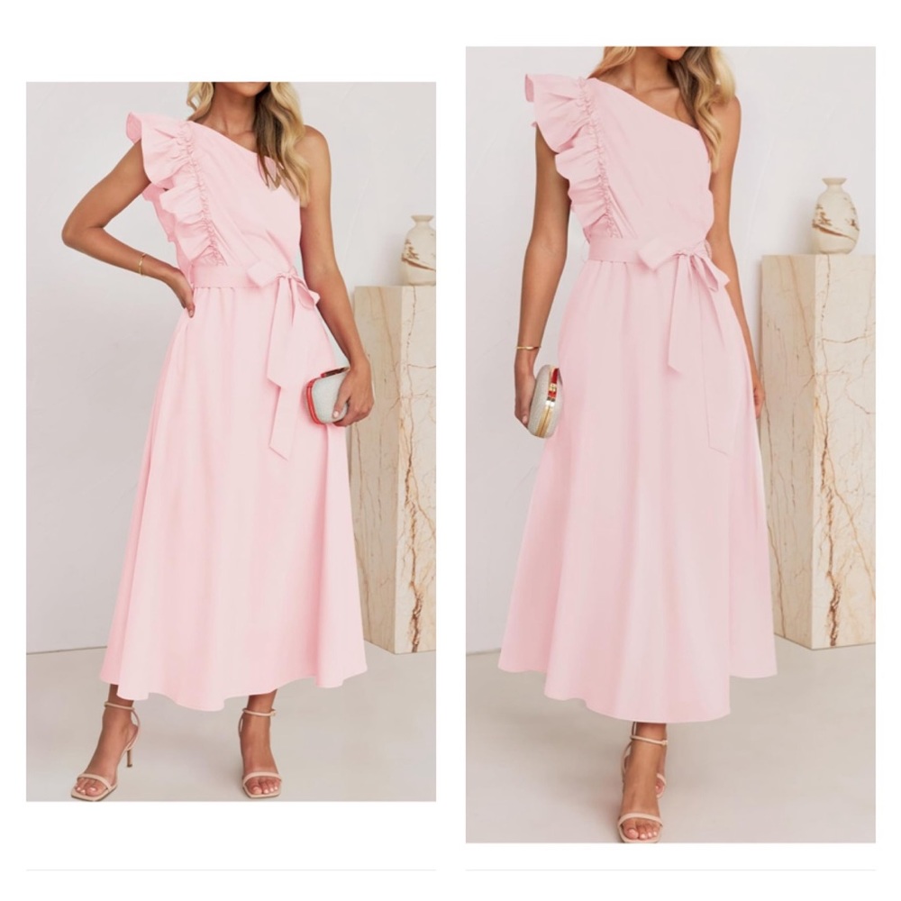 One-Shoulder Ruffle Maxi Dress - Light Pink - Picture 2 of 5
